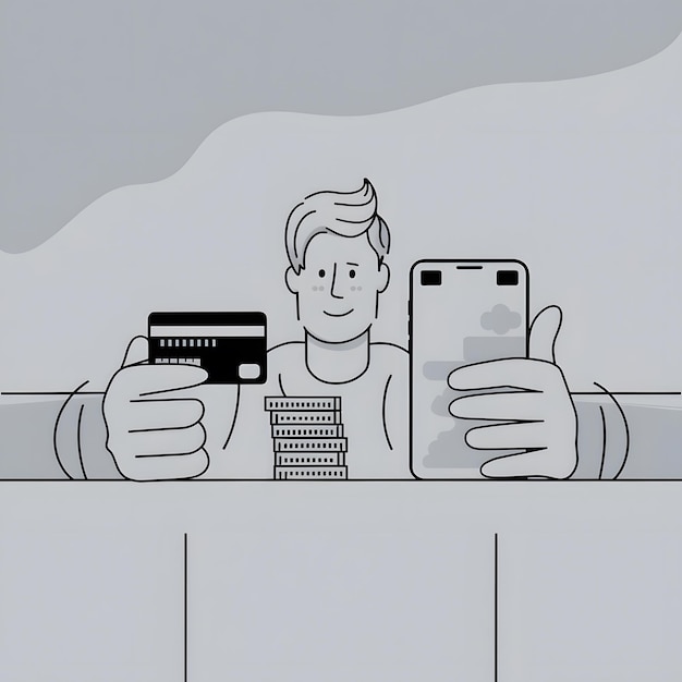 Ilustración de un hombre con una tarjeta de crédito y una pila de monedas junto a un teléfono