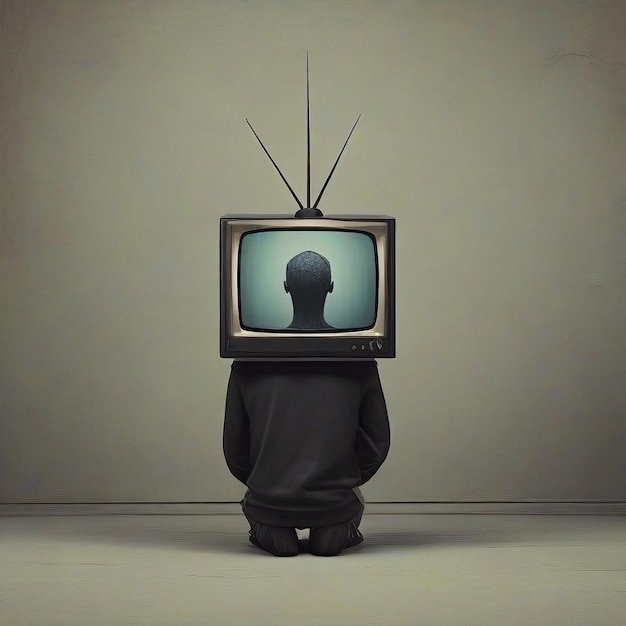 Ilustración de un hombre con un televisor en la cabeza
