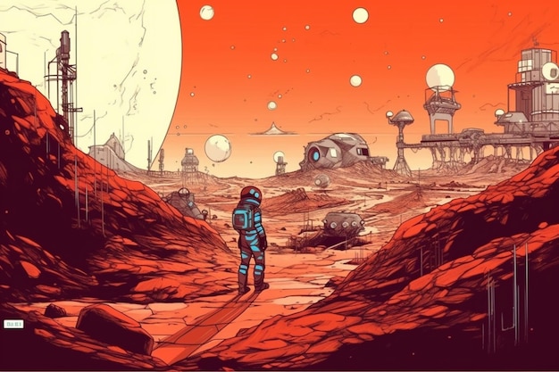 ilustración de un hombre con un traje espacial caminando sobre un planeta rojo ai generativo