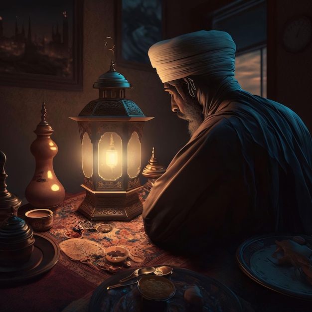 Ilustración de un hombre con un turbante frente a una linterna en una mesa Ramadán como un tiempo de ayuno y oración para los musulmanes