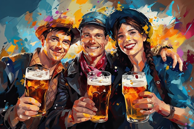 Ilustración de hombres y mujeres sosteniendo cervezas y celebrando el Oktoberfest