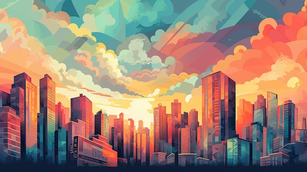 Ilustración de un horizonte de la ciudad con un cielo colorido y nubes generativas ai