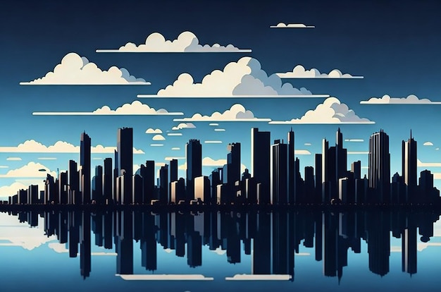 Ilustración del horizonte de la ciudad con nubes de cielo azul y reflexión.