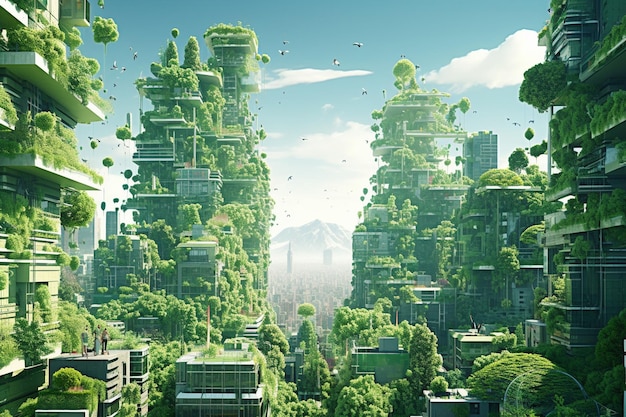 Ilustración de un horizonte verde de la ciudad con Generative ai