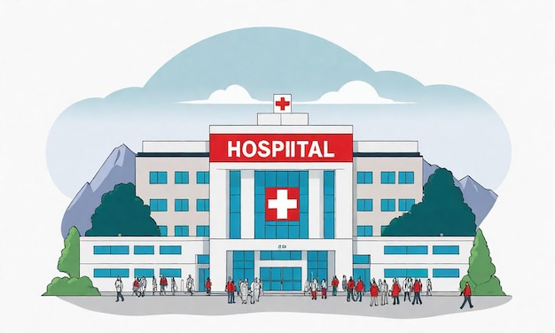 una ilustración de un hospital con una cruz roja en él