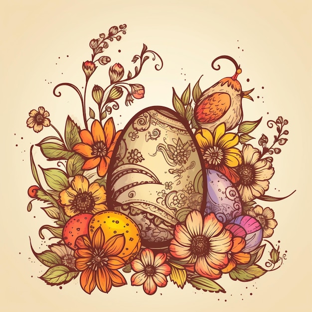 Una ilustración de un huevo de Pascua decorado con flores y huevos de Pascua.