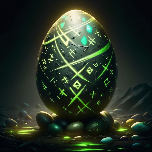 ilustración de un huevo con runas verdes brillantes