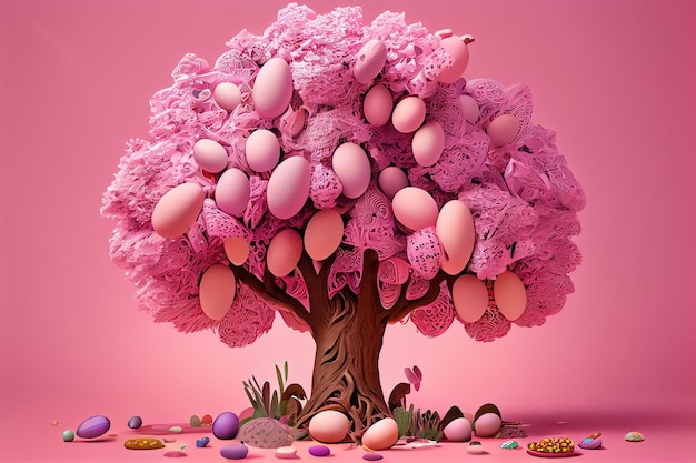 Ilustración de huevos coloridos de pascua en el árbol floreciente AI