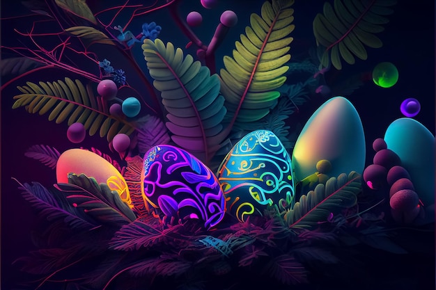 Ilustración de huevos de neón brillantes en la selva tropical tropical AI