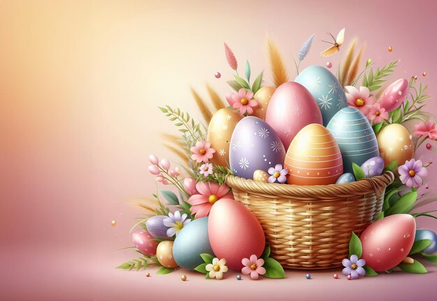 Foto ilustración de huevos de pascua en una canasta con flores y mariposas feliz día de pascua