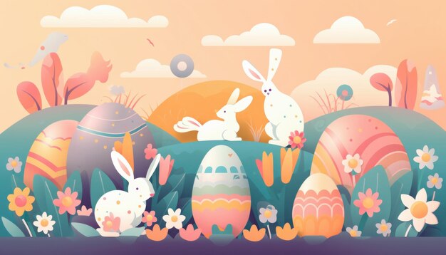 Una ilustración de huevos de pascua y conejitos en un campo