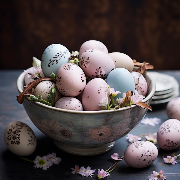 Ilustración de huevos de Pascua decorados a mano en un recipiente sobre una mesa
