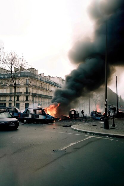 Foto ilustración de ia de coches en llamas en las calles de parís, francia