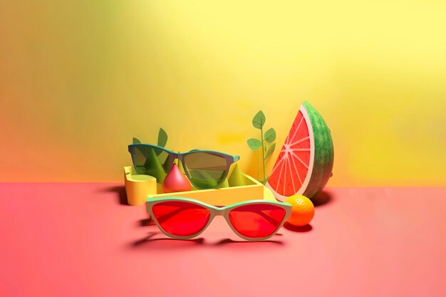 Ilustración de IA de un fondo pastel con gafas de sol y varias frutas saludables