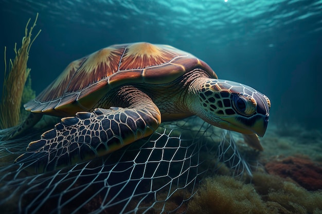 Ilustración de IA de una tortuga atrapada con una red de pesca El concepto de protección ambiental Las tortugas marinas deben ser liberadas de las redes de pesca No a las tortugas muertas IA generativa