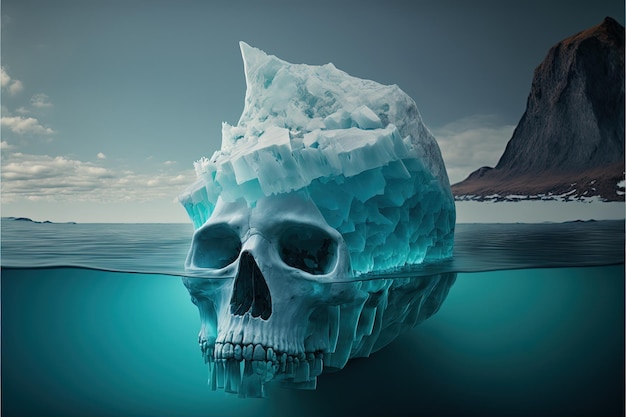 Ilustración de un iceberg en forma de cráneo humano en el mar. IA generativa