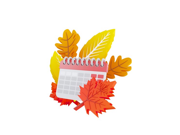 Ilustración de icono de calendario de otoño de un calendario sobre un fondo de hojas de otoño de color amarillo anaranjado