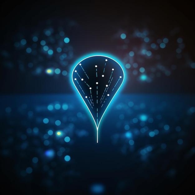 Foto ilustración del icono de pin de ubicación con forma de conexión neuronal azul