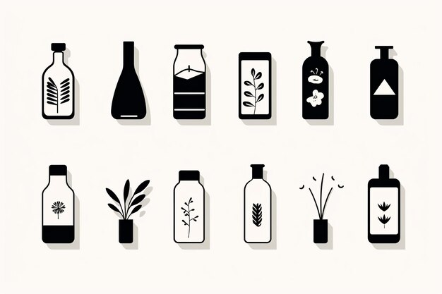 Ilustración de iconos planos minimalistas en blanco y negro.