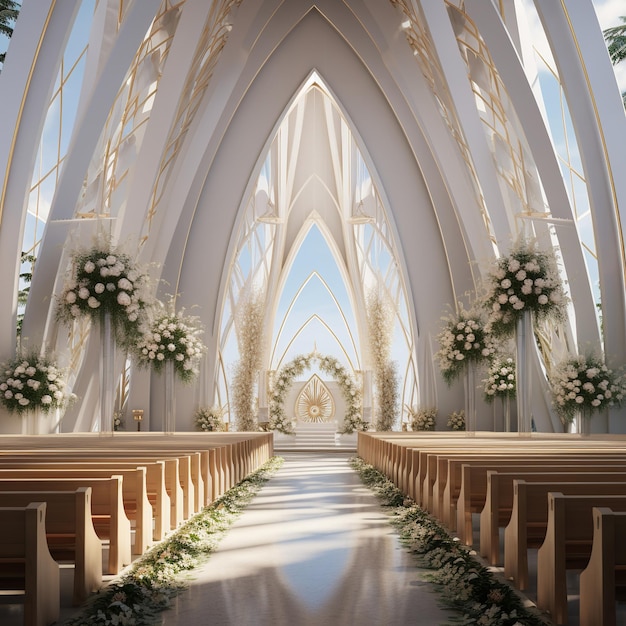 Ilustración de una iglesia nupcial que exuda un halo suave durante