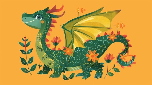 En esta ilustración se ilustra un majestuoso dragón verde adornado con patrones florales aislados sobre un fondo naranja