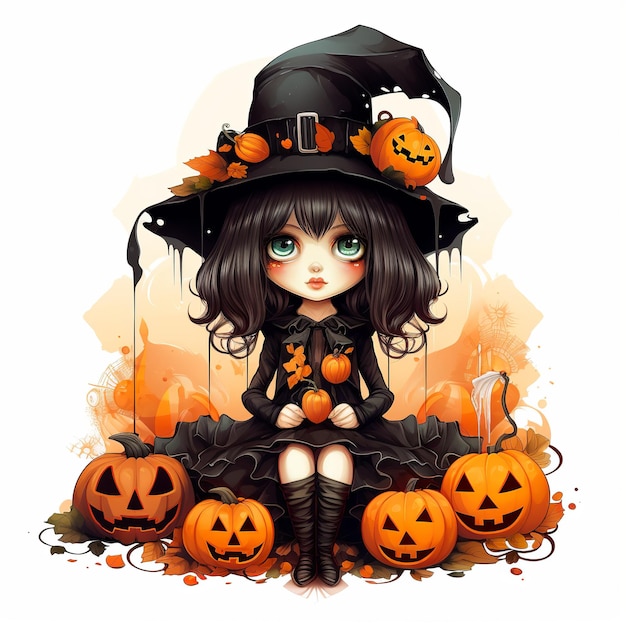 ilustración de ilustración vectorial linda niña pequeña de halloween grande