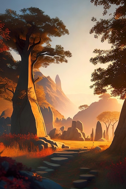 Ilustración de imagen con árboles, montañas y detalles de fábulas AI generativa