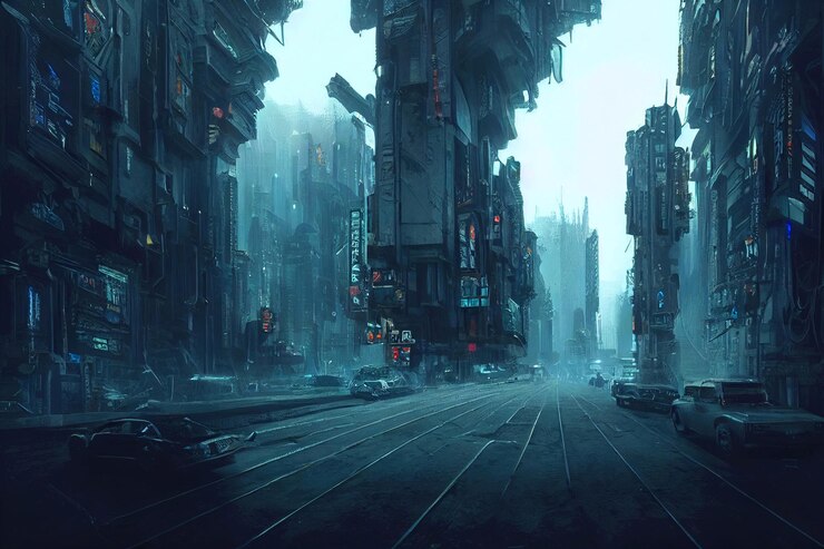 Ilustración de una imagen de fondo futurista de una ciudad cyberpunk