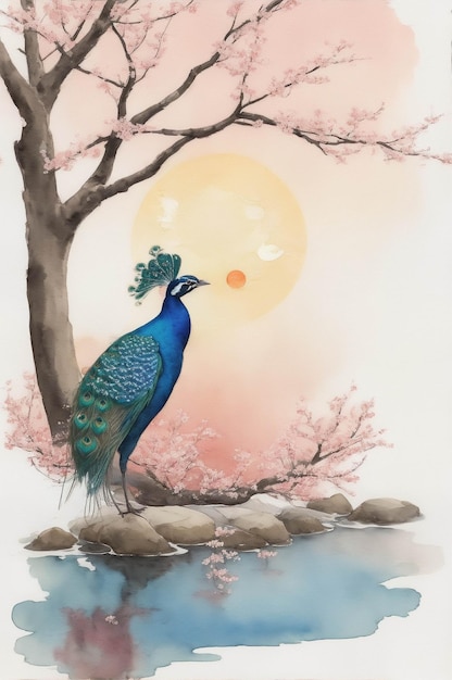 Ilustración de imagen de fondo de pavo real con sol rojo y Sakura