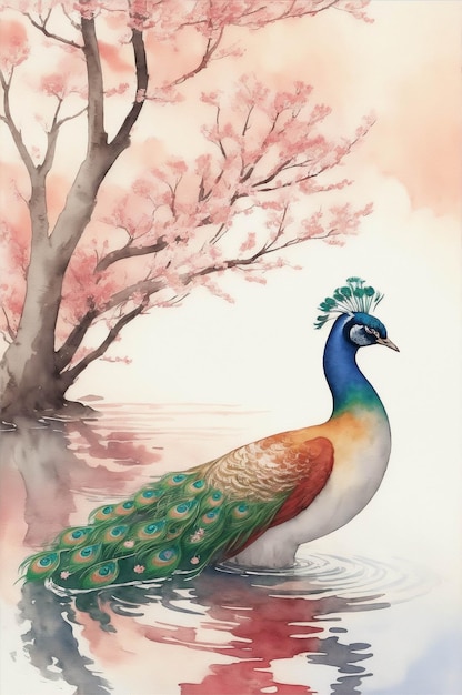 Ilustración de imagen de fondo de pavo real con sol rojo y Sakura
