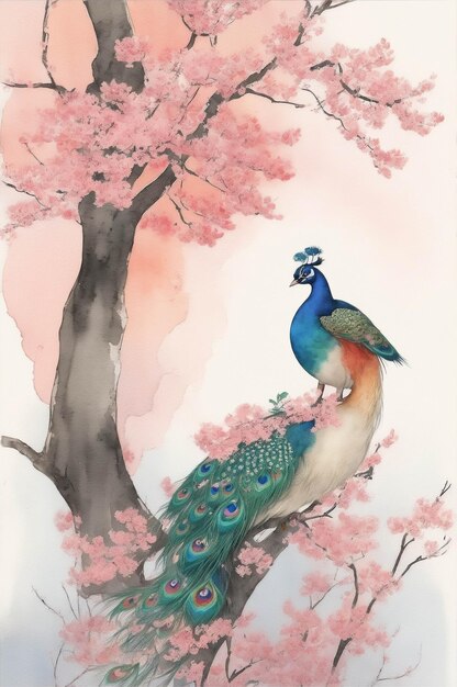 Ilustración de imagen de fondo de pavo real con sol rojo y Sakura