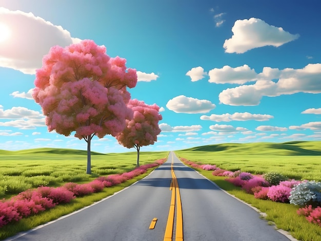 Ilustración de una imagen de paisaje con una carretera de campo, una carretera de asfalto vacía sobre un fondo de cielo nublado azul