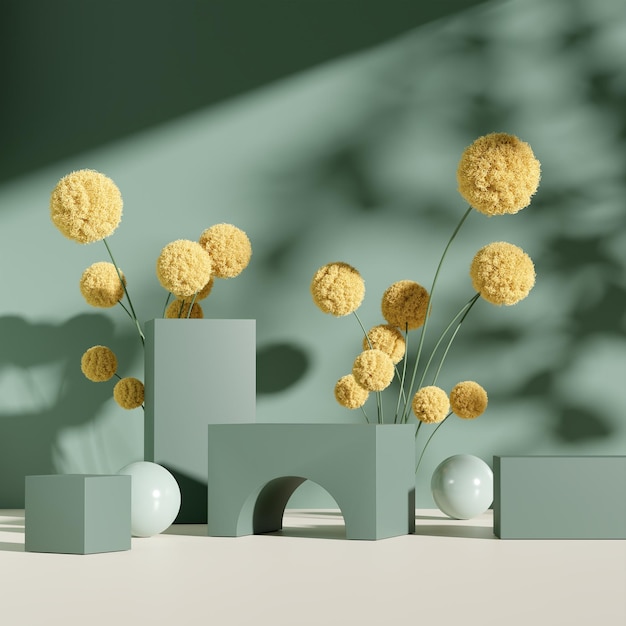 Ilustración de imagen de renderización 3D de la exhibición del podio en espacio vacío para el modelo de producto de fondo natural