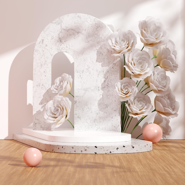 Ilustración de imagen de renderización 3D de la exhibición del podio en espacio vacío para el modelo de producto de fondo natural