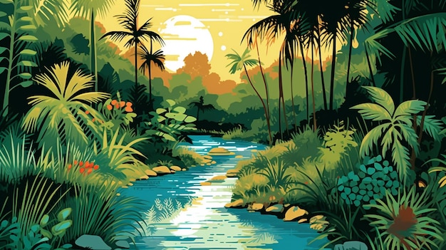 una ilustración de una imagen de un río en una selva tropical generativa ai