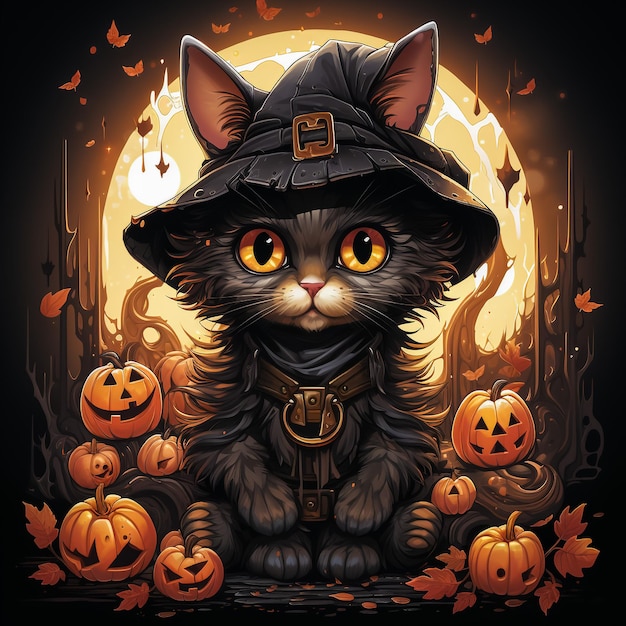 Ilustración de imagen vectorial de gato con sombrero de bruja y calabazas