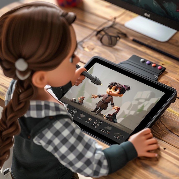 Foto ilustración de imagen vectorial de una niña en un escritorio estudiando
