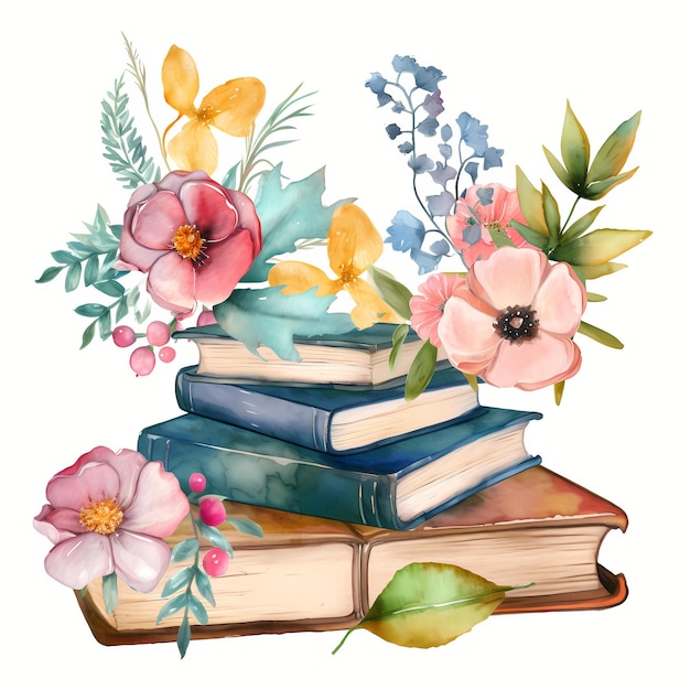 Una ilustración de imágenes prediseñadas de acuarela de libros con flores y hojas