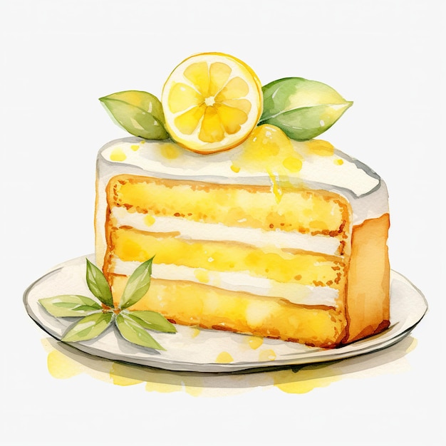 Ilustración de imágenes prediseñadas de pastel de limón acuarela hd sobre fondo blanco.