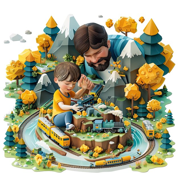 Ilustración imaginativa de papá e hijo con juego de trenes de juguete