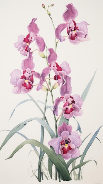 Ilustración impresa en bloque de madera de la planta de pétalos de la flor de la orquídea
