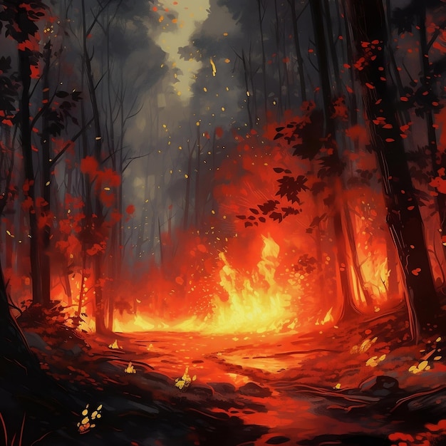 Ilustración de un incendio ardiendo en el bosque IA generativa