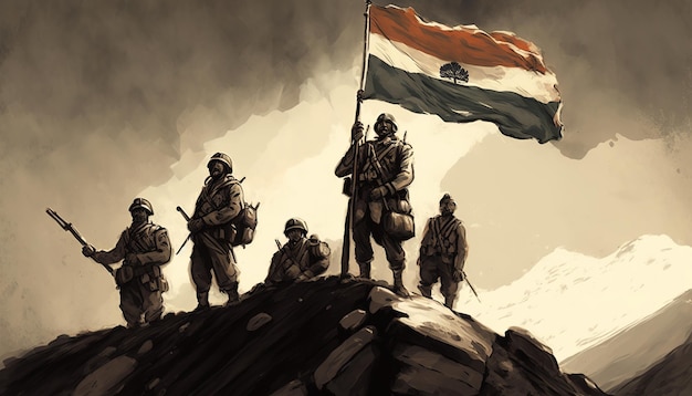 Ilustración india del día de la independencia del ejército de EE. UU. Sosteniendo su bandera Generativo ai