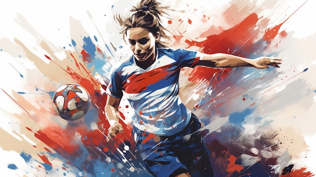 Una ilustración individual de jugadoras de fútbol femenino en un fondo colorido con camiseta de campo