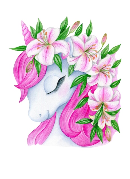 Ilustración infantil acuarela unicornio rosa