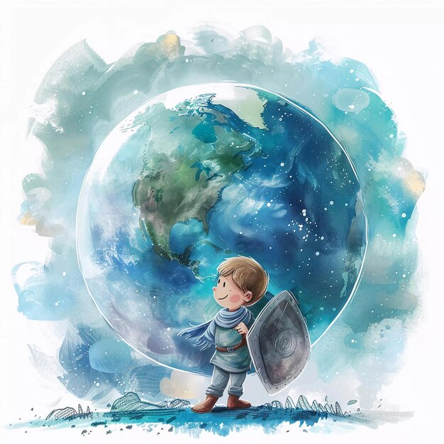 Ilustración infantil de cómo un caballero con un escudo protege el planeta Tierra Día de la Tierra