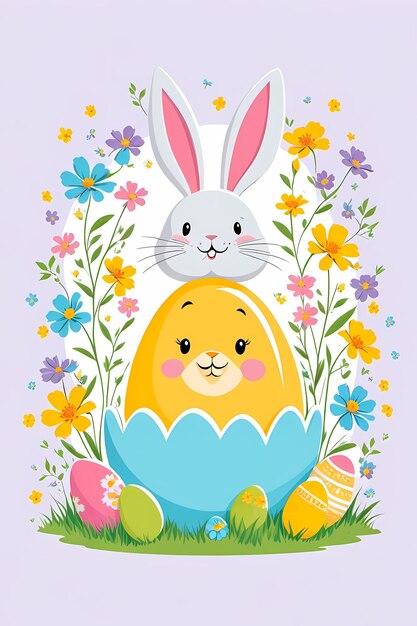 Foto ilustración infantil del conejo de pascua con huevos