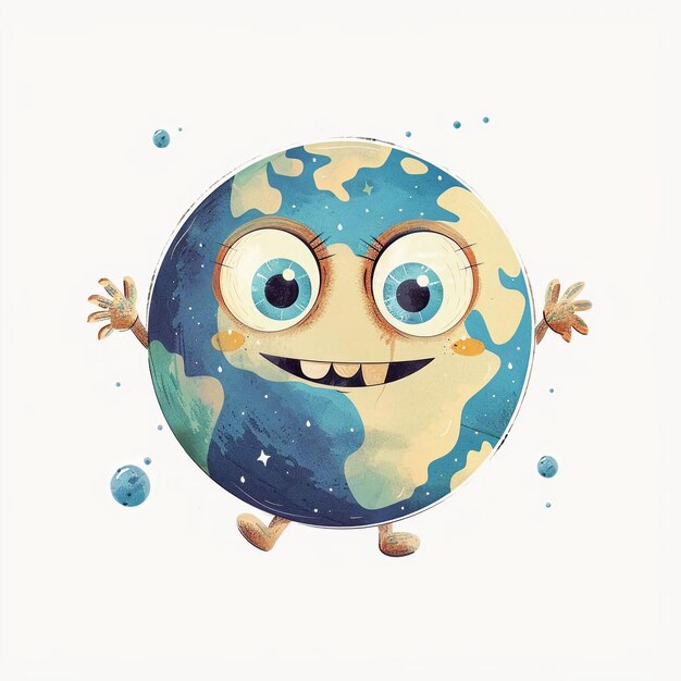 Foto ilustración infantil del planeta tierra con una sonrisa y una emoción alegre y quiere un abrazo día de la tierra