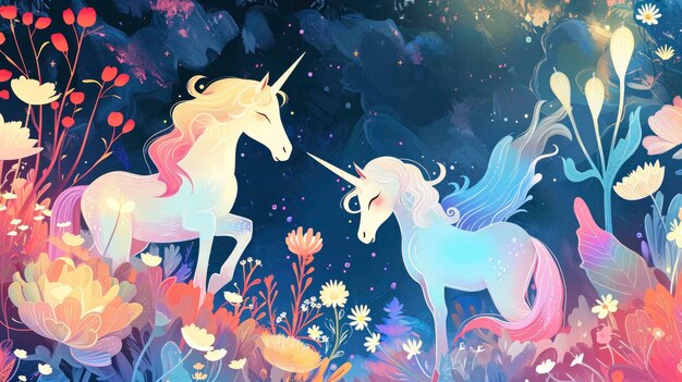 Una ilustración infantil con unicornios y flores impregnadas de vibraciones psicodélicas inundadas de colores pastel y un brillo radiante que crean un mundo de fantasía mágico