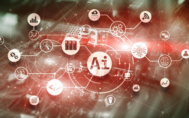 Ilustración infográfica de IA de inteligencia artificial en un fantástico centro informático